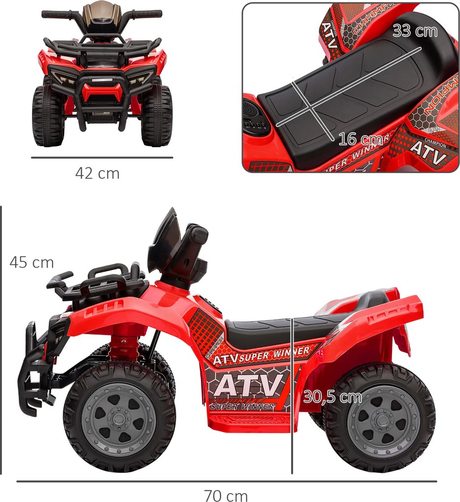 HOMCOM Quad ATV quad elektryczny quad dziecięcy akumulator 6V samochód dziecięcy motocykl LED światła przednie kolor czerwony