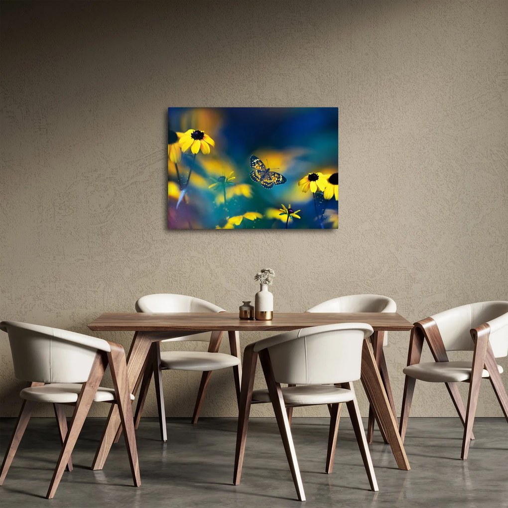 Obraz - Żółty motyl z kwiatami (70x50 cm)