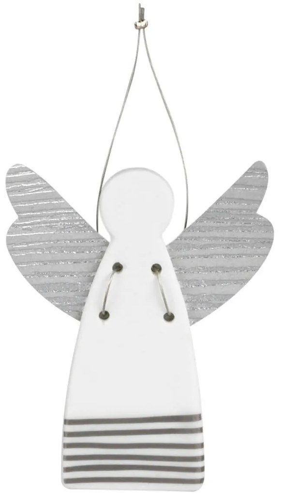 Srebrny porcelanowy anioł STRIPES, wiszący