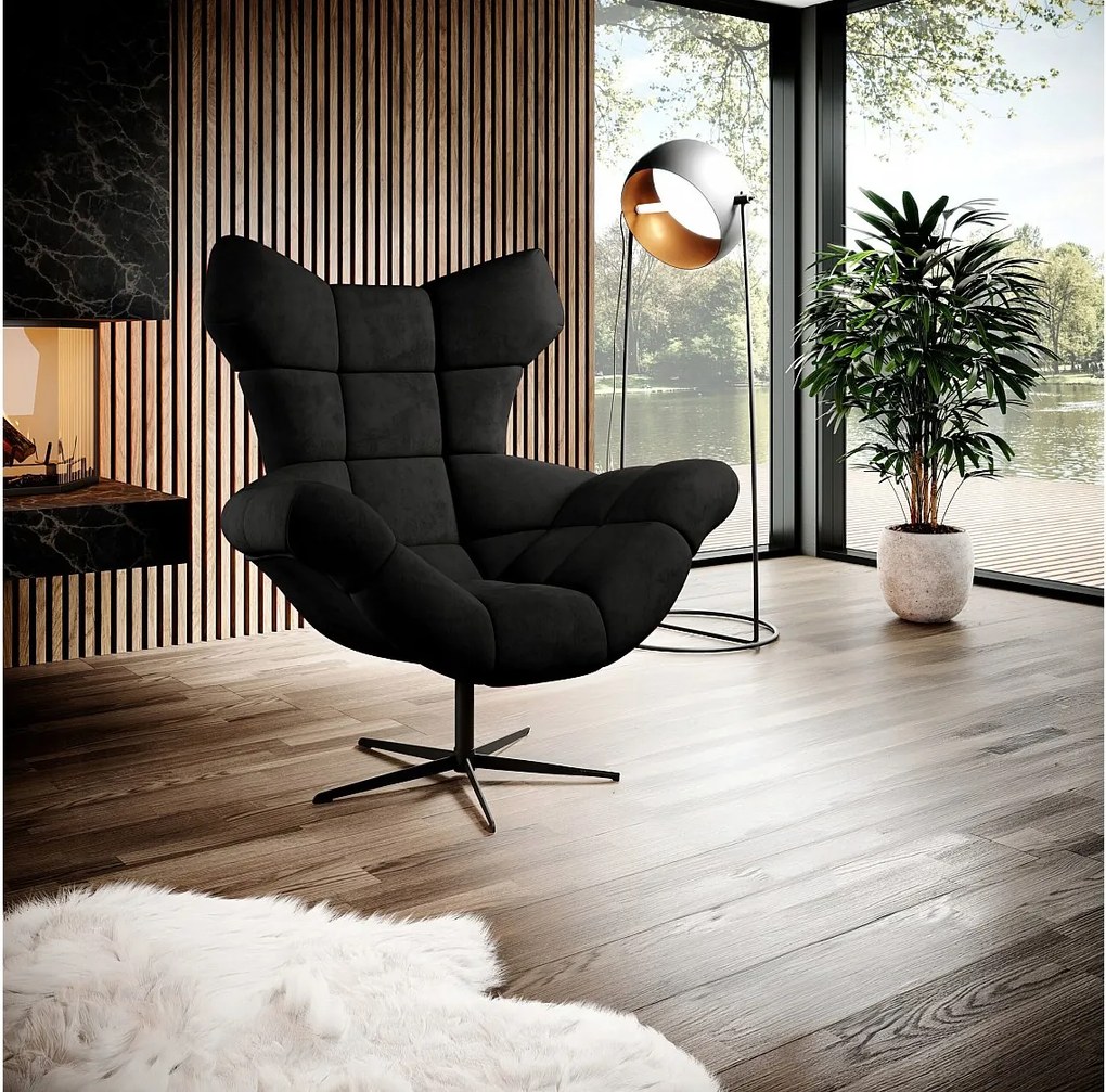 SENSI Fotel Relax z obrotem 360° i funkcją kołysania – Poduszka z pianki Lux, Czarny, 104x46x119 cm