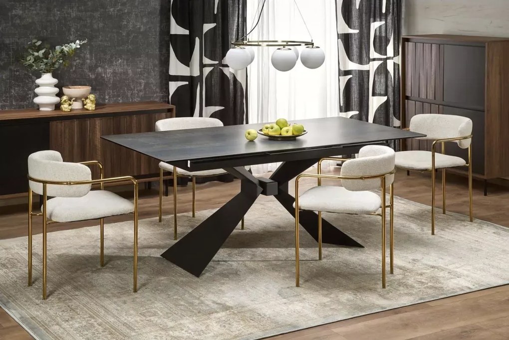 Prostokątny stół Sorrento rozkładany 180-230 cm, blat ceramiczny z niebieskiego marmuru, nogi czarne metalowe