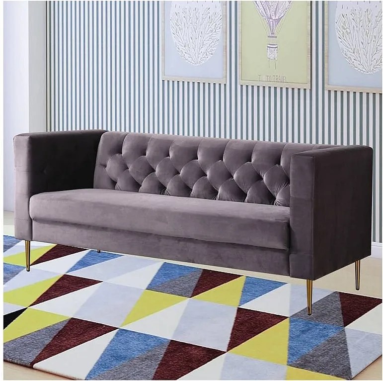 Kanapa nierozkładana "Bruce" z weluru - 196 x 76 x 82 cm - 3 miejsca - Szara