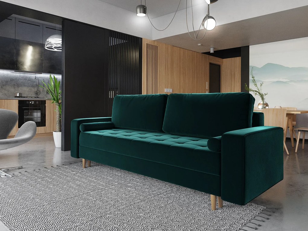 Ciemnozielona sofa welurowa z pojemnikiem T6-N31