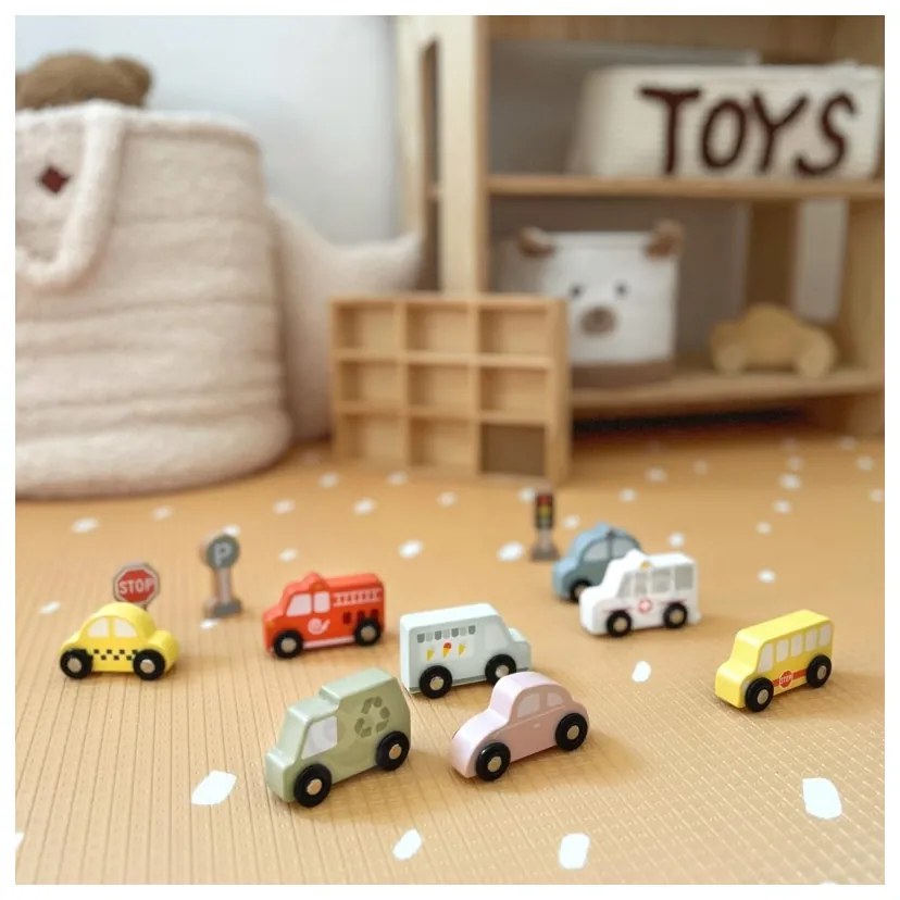 Tooky toy zestaw drewnianych pojazdów i znaków drogowych w pudełku