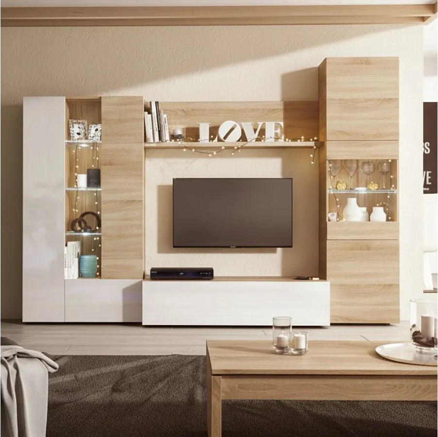 Kompletny Zestaw Mebli do Salonu Essenttial 260x185 cm Biały Połysk & Dąb Kanadyjski z Półkami i Oświetleniem LED