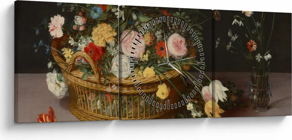 Obraz - Jan Brueghel the Elder, Flowers in a Basket and a Vase, reprodukcje (z zegarem) (90x30 cm)
