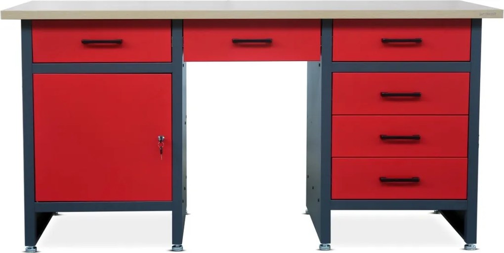 Szeroki stół warsztatowy z szafką i szufladami Frank antracytowo-czerwony