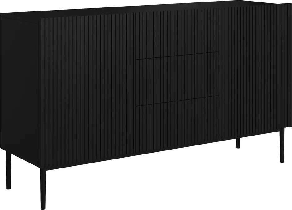 Komoda Nicole 150 cm z szufladami i ryflowanym frontem - czarny mat / czarne nóżki