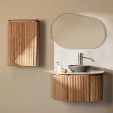 Zestaw Wiszących Mebli Łazienkowych Z Drewna Carsone Naturalna & Naturalna & Okrągły Szary Cement Ø40 Cm Tarsis & - Sklum