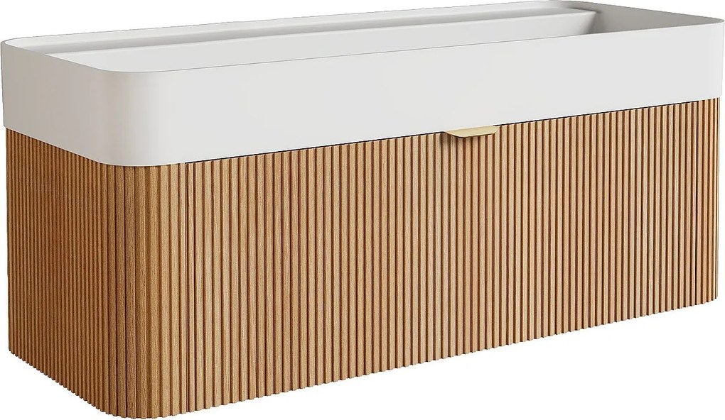 Wisząca szafka łazienkowa z prążkowanego drewna jesionowego z umywalką podblatową do zabudowy z żywicy w kolorze matowej bieli - Jasny naturalny - 100 cm - BULMAS