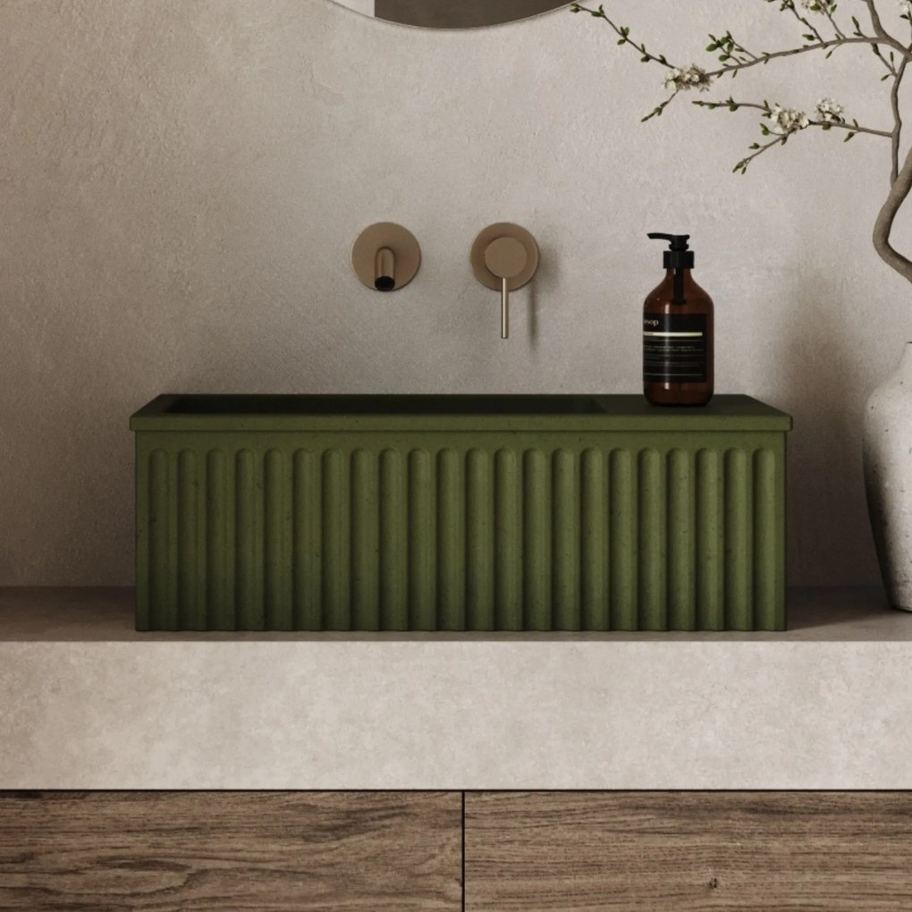 Umywalka betonowa ryflowana nablatowa / wisząca prostokątna 60 x 30 cm WELLE | różne kolory : Kolor - Oliwkowy, Typ montażu - nablatowa