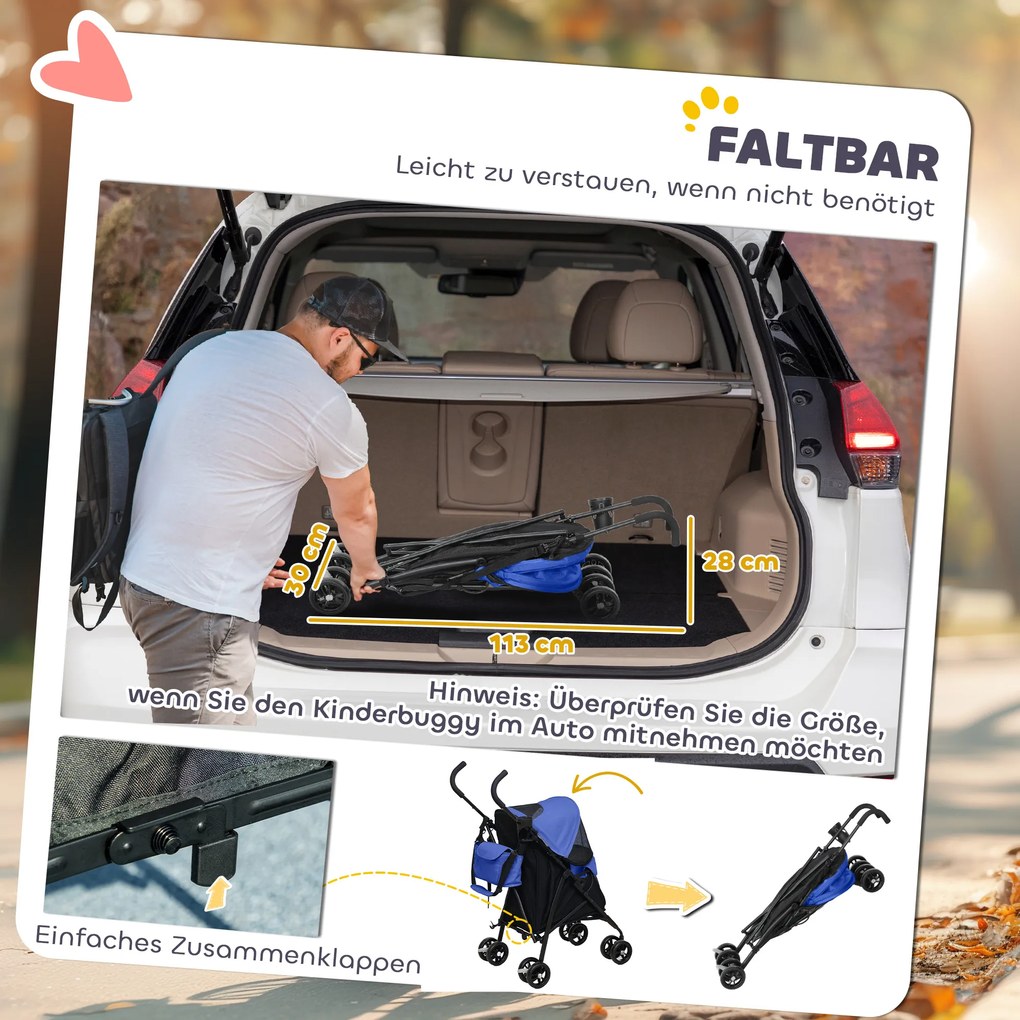 PawHut Wózek dla Zwierząt, Smycze Bezpieczeństwa, Okna z Siatki, 76Dł x 44Szer x 103Wys cm, Granatowy