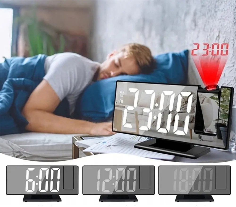 ELEKTRONICZNY ZEGAR LED cyfrowy z projektorem budzik termometr lustro 4w1