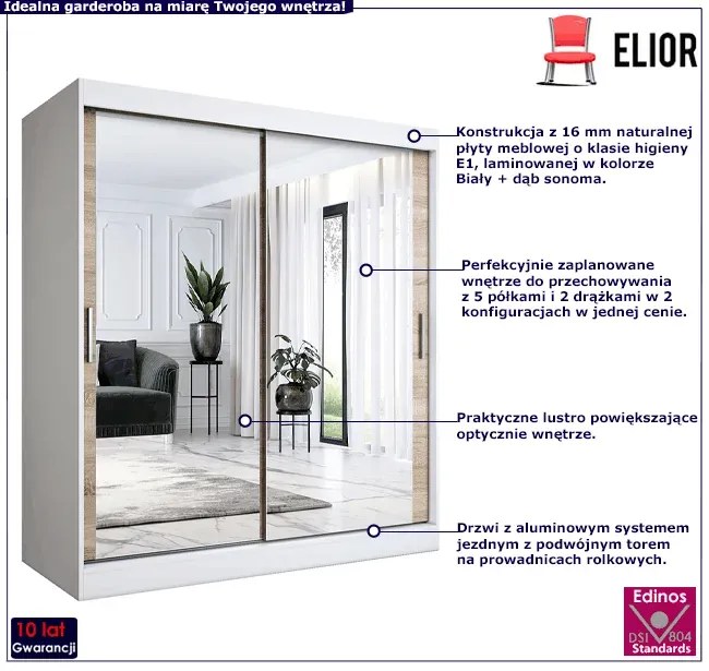 Szafa przesuwna z lustrem biel + dąb sonoma 180 cm S9-C70