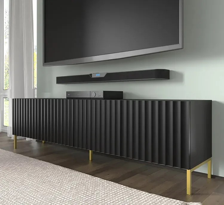Szafka pod TV z lamelami czarny mat + czarne nóżki K7-D37