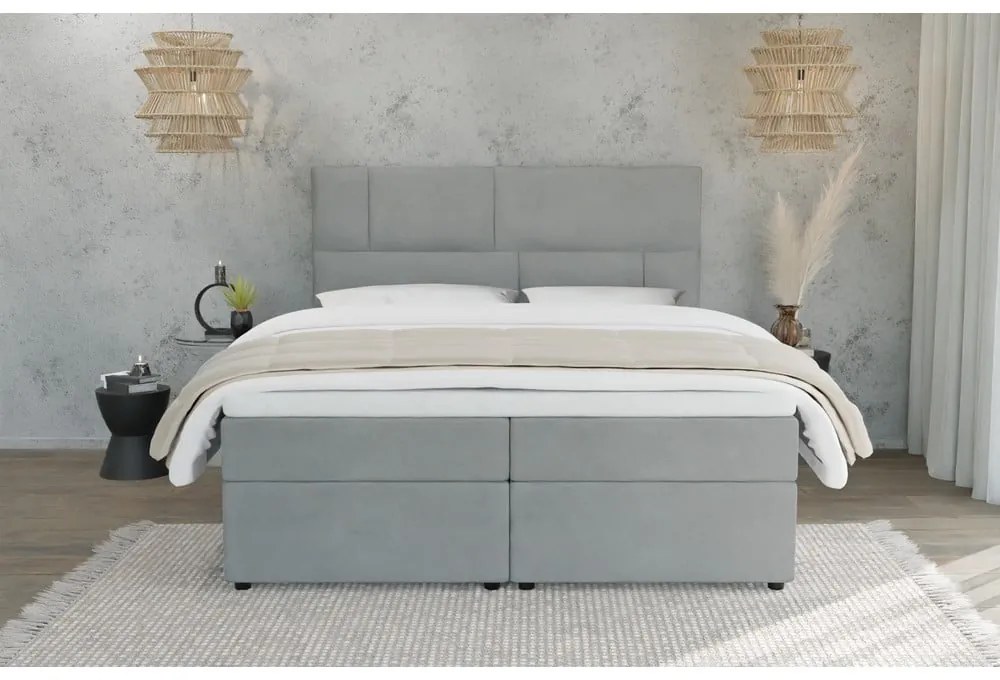 Jasnoszare łóżko boxspring ze schowkiem 200x200 cm Lola – Ropez