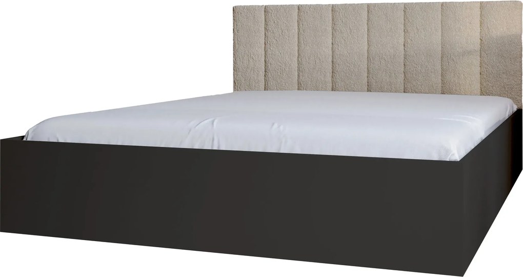 Czarne łóżko dwuosobowe z włochatym beżowym zagłówkiem 140x200 R3-S54