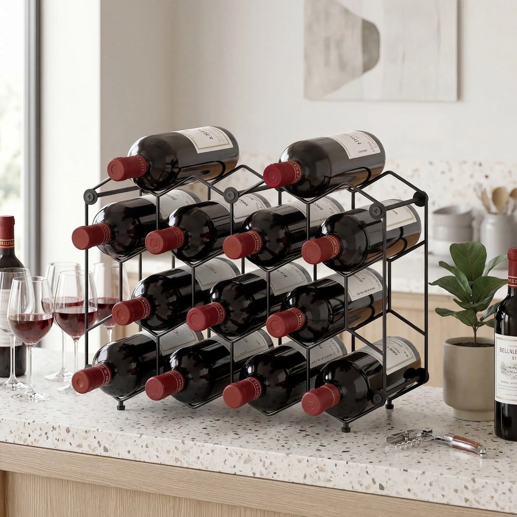 HOMCOM Stojak na wino na 13 butelek z designem plastra miodu, regulowanymi nóżkami, zabezpieczeniem przed przewróceniem, metalowy, 43 x 15,5 x 31 cm, czarny | Aosom PL
