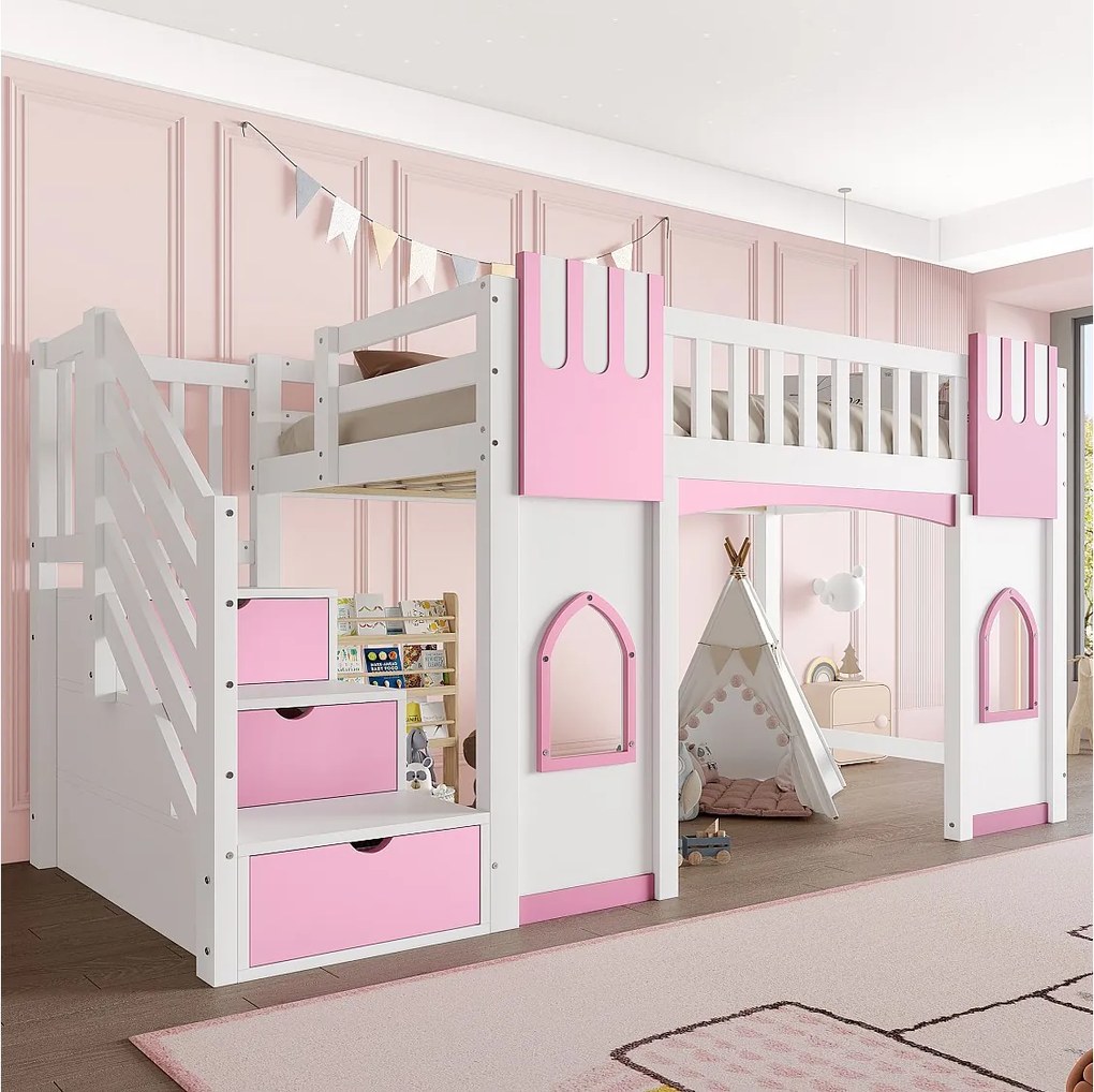 Łóżko piętrowe dla dzieci - 90 x 200 cm - ze schodkami do przechowywania i oknem - drewno + MDF - białe + różowe