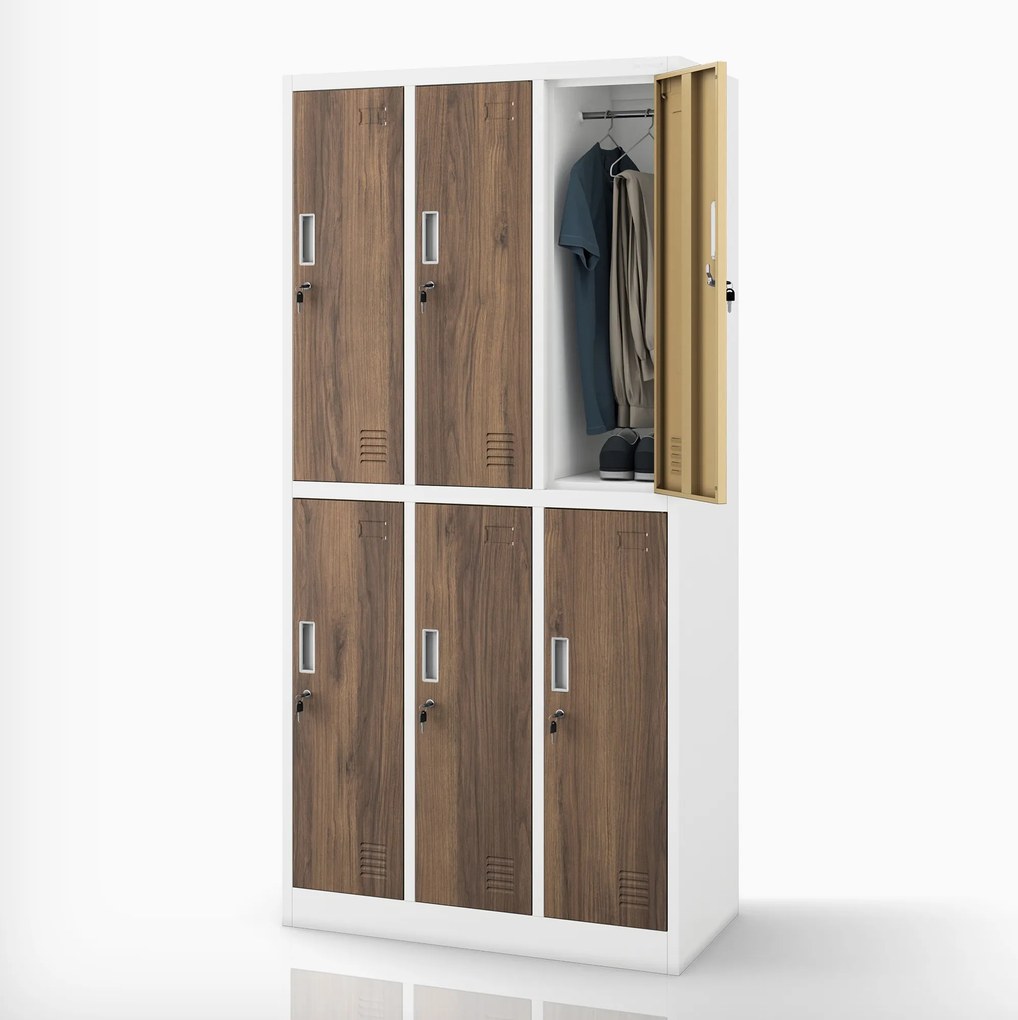 Szafka socjalna ubraniowa BHP biała / orzech 6-drzwiowa: Eco Design IGOR, 900 x 1850 x 450 mm
