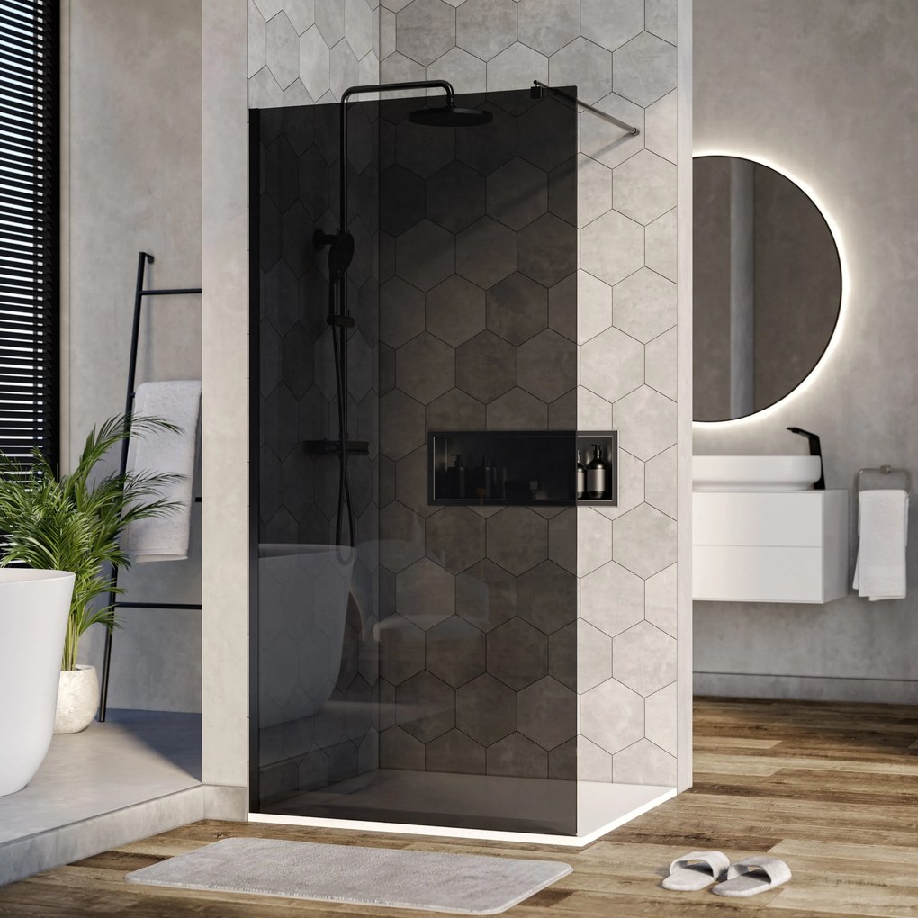 Ścianka prysznicowa Walk-In EX101Szare szkło ESG 8 mm z powłoką Nano – Różne szerokości - Czarny profil