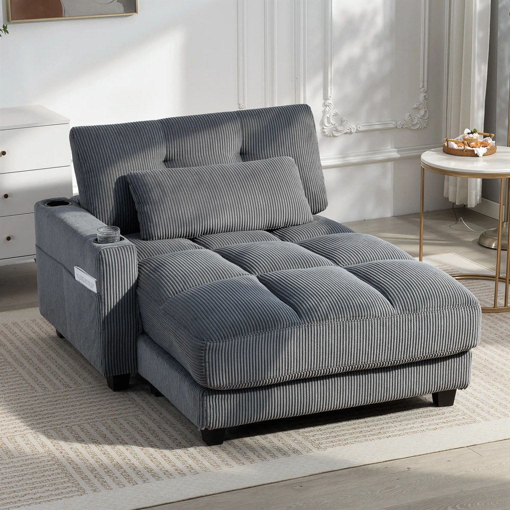 HOMCOM Sofa-łóżko z poduszką, piankowe, rozkładane, uchwyt na kubek, szary