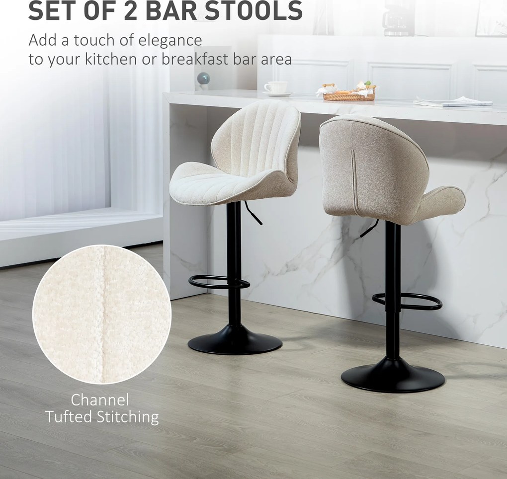 HOMCOM Zestaw 2 Barowych Hokerów w Muszelce, Oparcie, Regulowana Wysokość i Podnóżek, Stalowa Konstrukcja, Beżowy