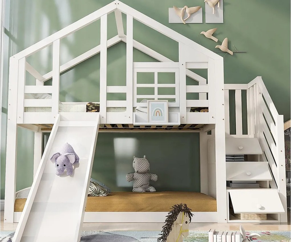 Łóżko piętrowe z litego drewna 90×200 cm - ze zjeżdżalnią i schodami z miejscem do przechowywania - białe