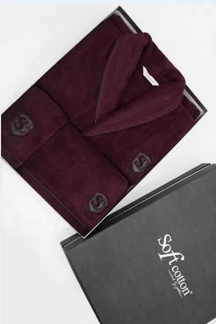Męski szlafrok LUXURY + ręczniki + pudełko XL + ręczniki + pudełko Bordowy