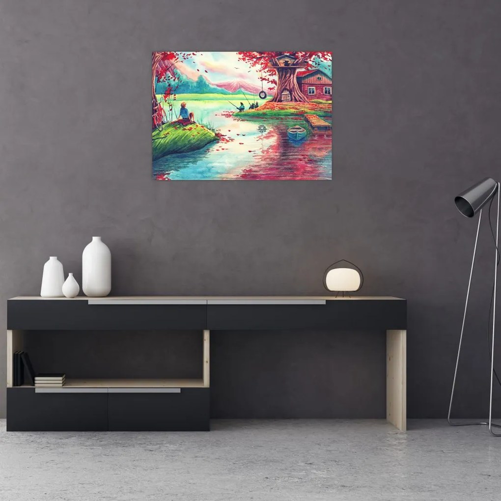 Obraz na szkle - Akwarela, Bay in a mountain village (70x50 cm)