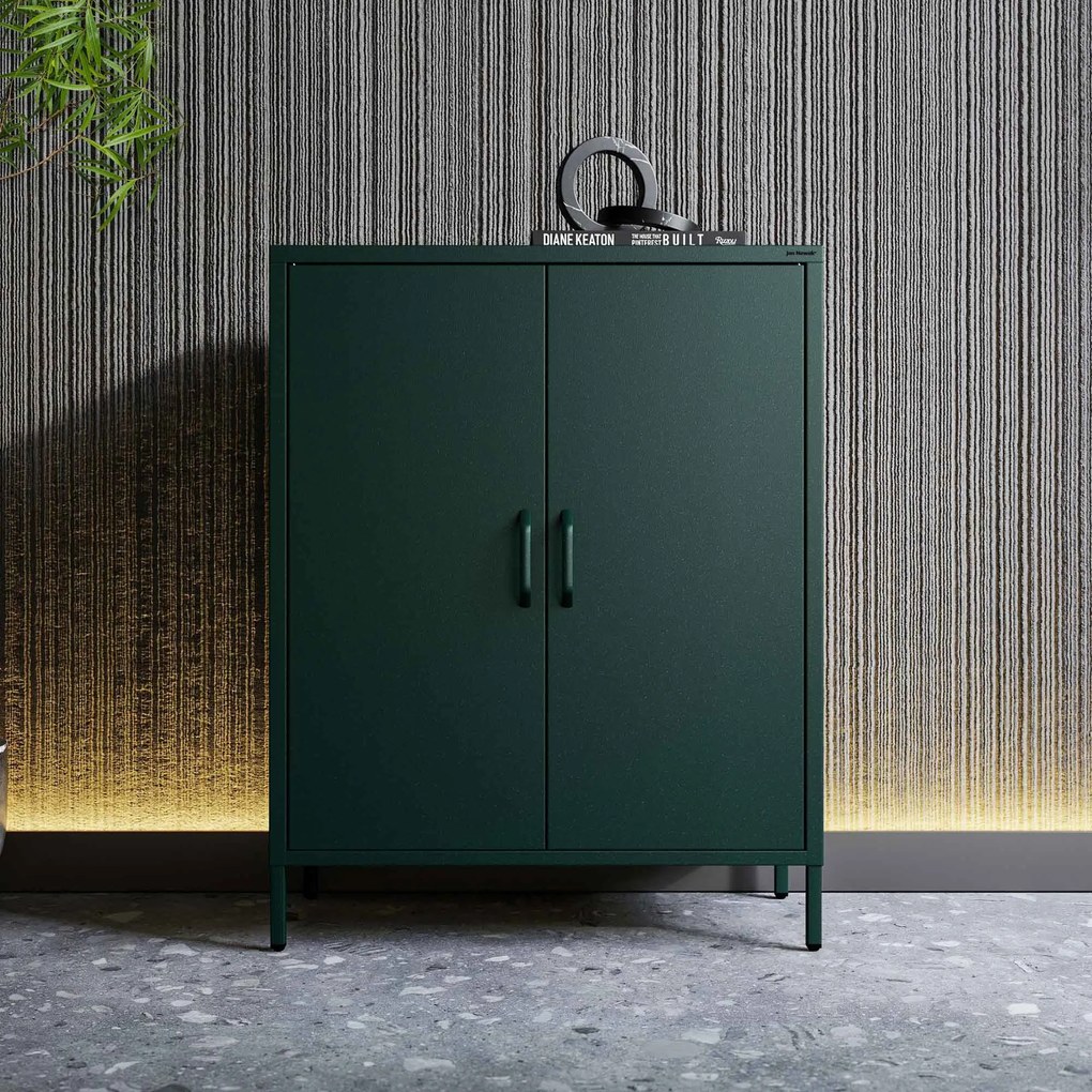 Szafka metalowa niska na nóżkach z półkami butelkowa zieleń, 800x1015x400 mm: VITO Modern