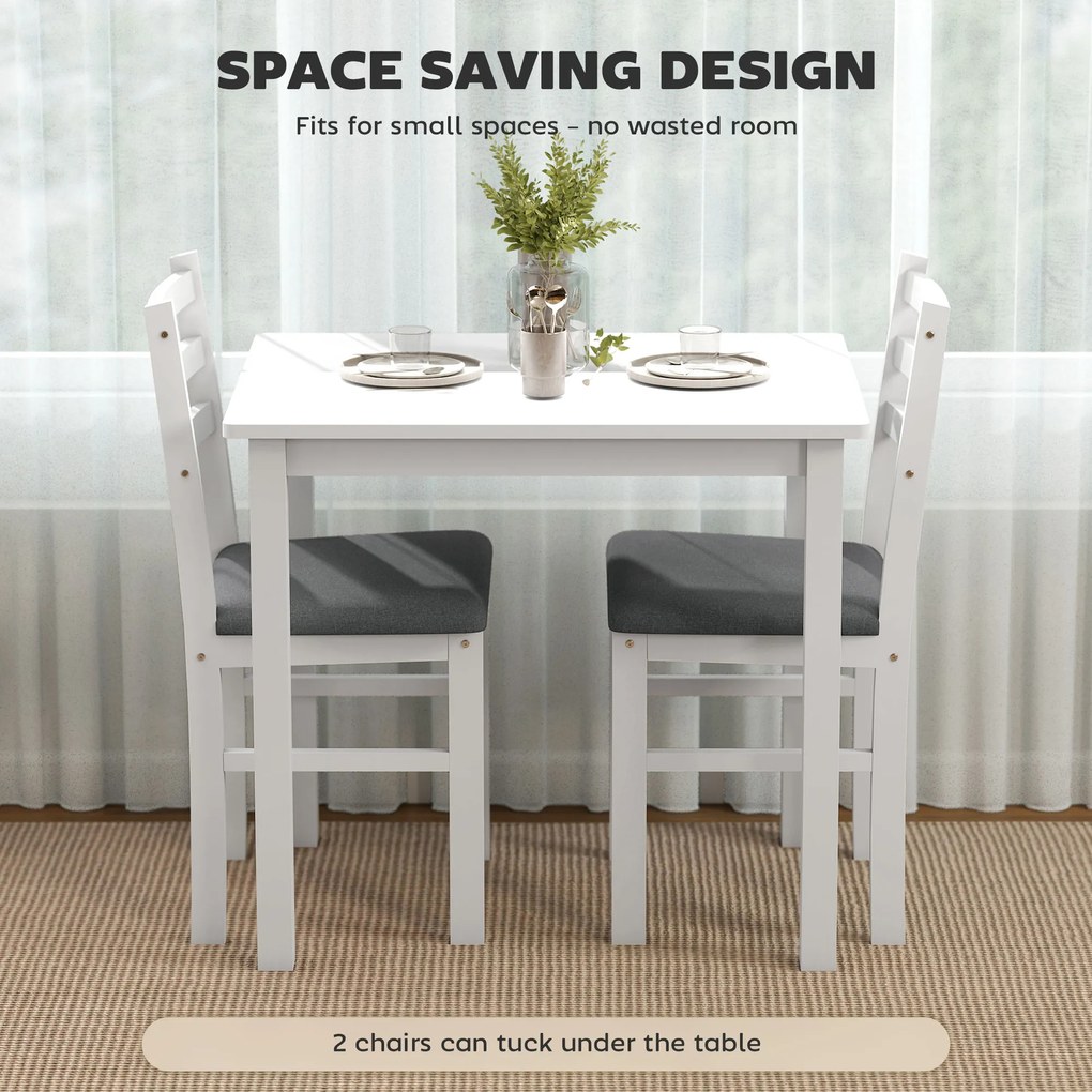 HOMCOM Zestaw 3-w-1 stół jadalniany z 2 fotelami, stół kuchenny do kompaktowych przestrzeni, tapicerowane fotele, oszczędzające miejsce, MDF, biały