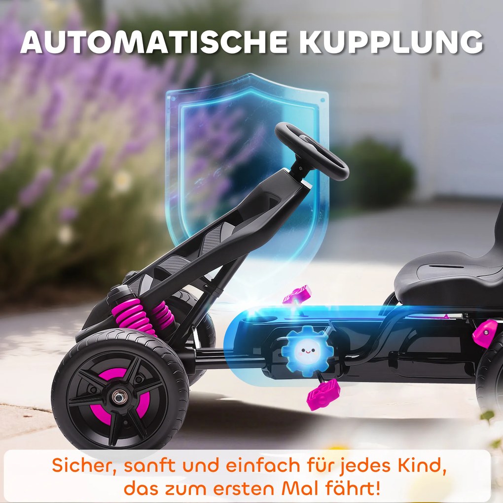 AIYAPLAY Gokart na pedały, pojazd na pedały dla dzieci z hamulcem, antypoślizgowe koła, metalowa rama, 3-6 lat, Różowy | Aosom PL