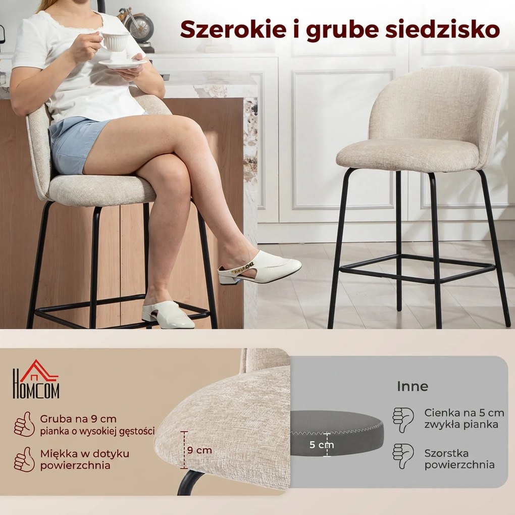 HOMCOM Zestaw 2 stołków barowych z oparciem i podnóżkiem, krzesła obite pianką z nogami ze stali do wysp kuchennych, jadalni, Beżowy