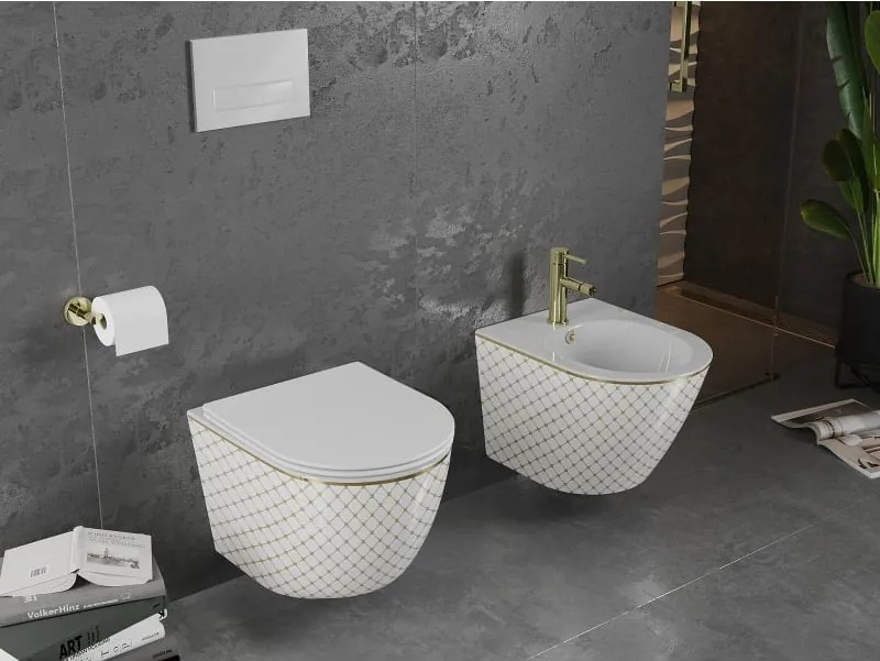 Mexen Lena miska wc Rimless z deską wolnoopadającą slim, duroplast, biała/złota wzór kratka - 30224009