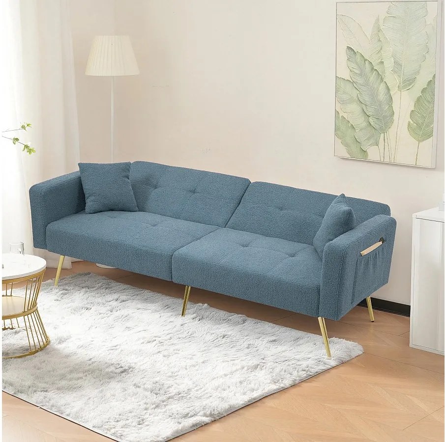 Sofa 2-osobowa z funkcją spania, z mechanizmem klik-klak, w tkaninie Sherpa – 175 x 64 x 72 cm – złote nogi – kolor niebieski