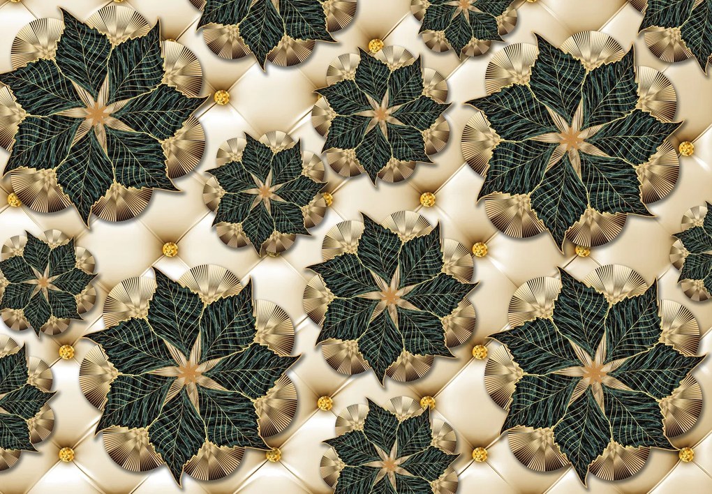 Fototapeta - Turkusowo - złote kwiaty (196x136 cm)