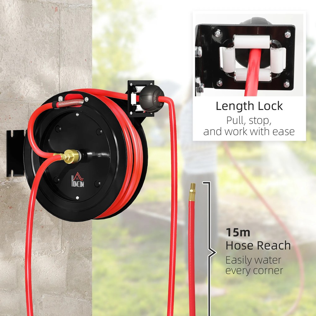 HOMCOM Bęben na wąż ogrodowy montowany na ścianie, automatyczne zwijanie, 20 bar ciśnienia wody, 15+1 m wąż wodny, metalowy