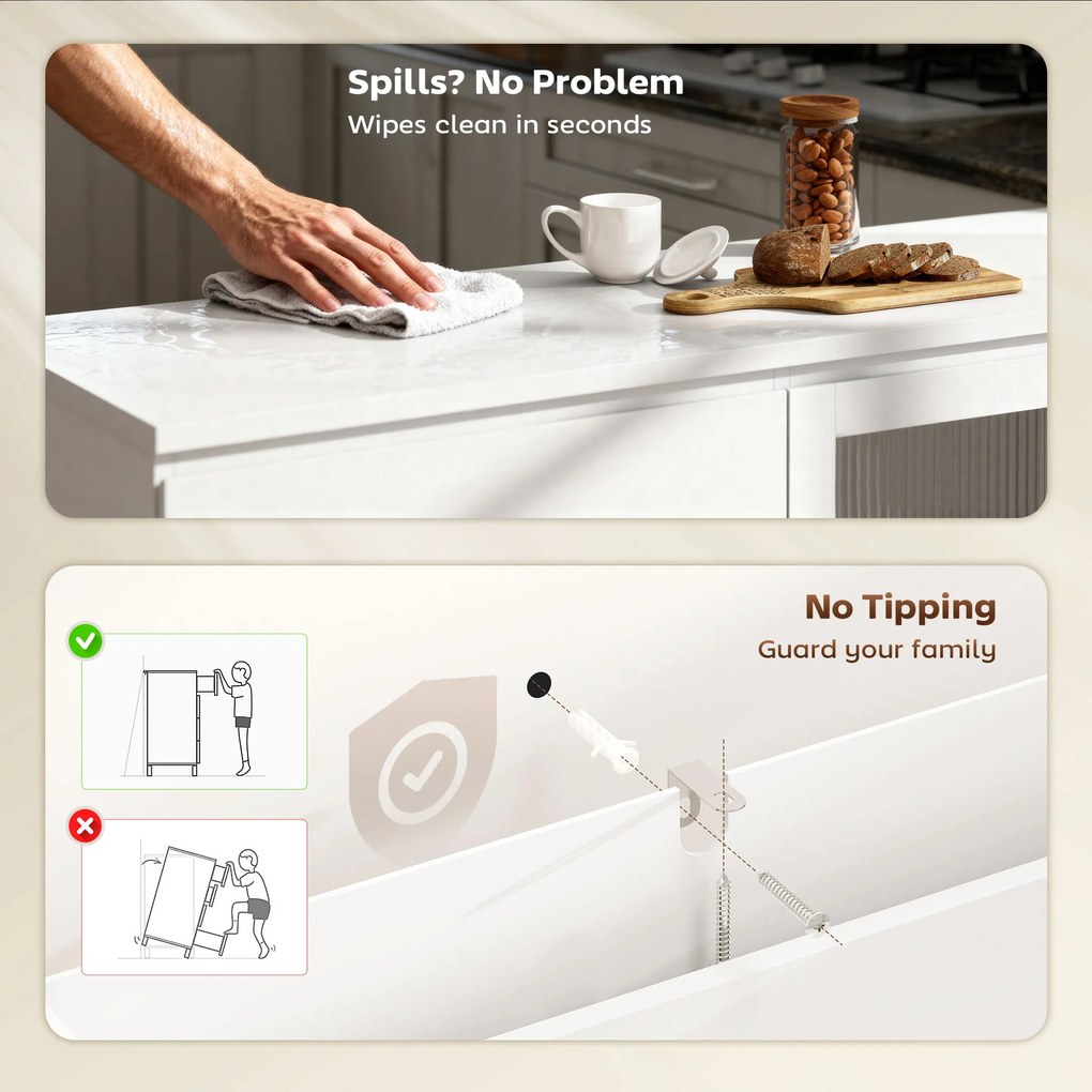 HOMCOM Szafka bufetowa, komoda z 4 szufladami, 2 przeszklone drzwi, nowoczesny design, MDF, biały