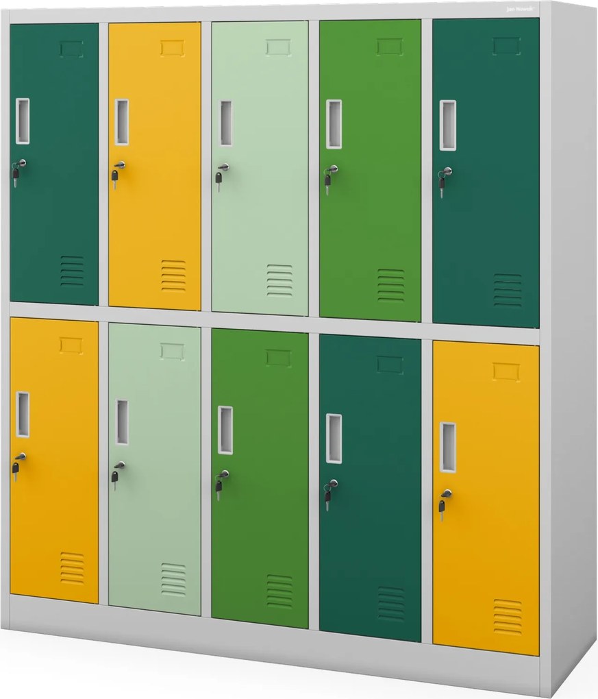 Kolorowa szatnia szkolna 10-skrytkowa Bartuś 136x45x150 cm