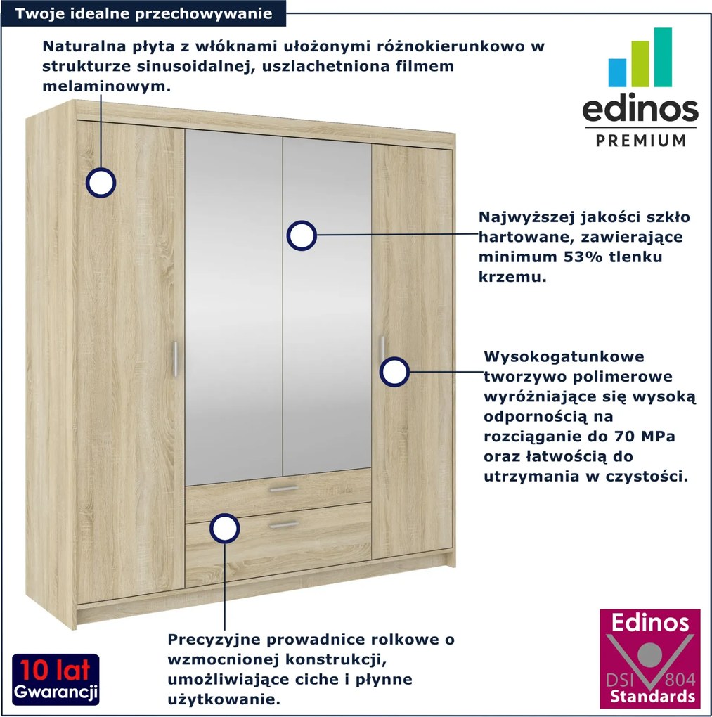 Czterodrzwiowa garderoba z szufladami i lustrem dąb sonoma F4-P72