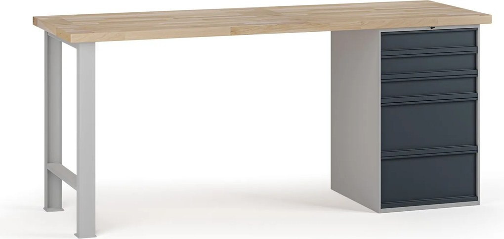 Stół warsztatowy G7, blat bukowy, 2000 x 800 x 840 mm, 1x kontener, 5x szuflada, grafitowy