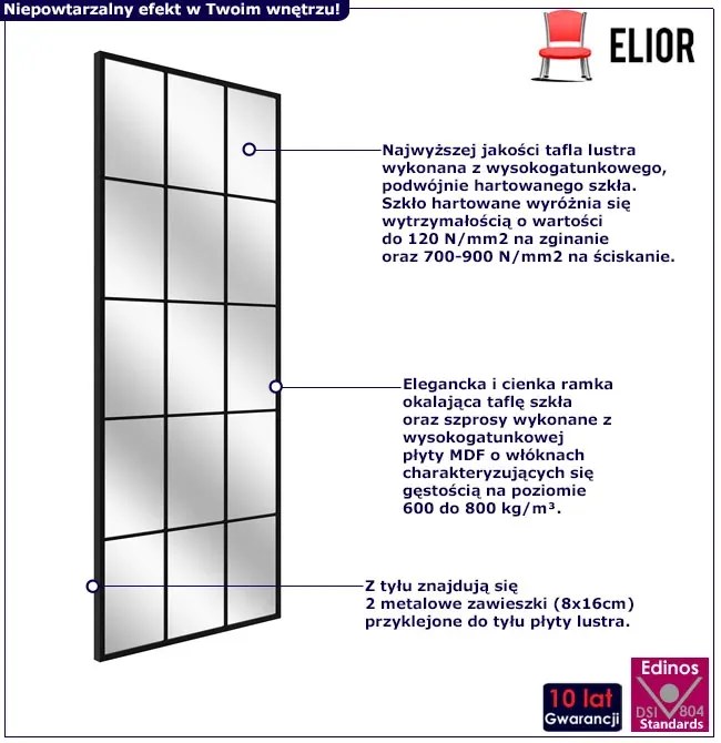 Prostokątne loftowe lustro ze szprosami H7-P81