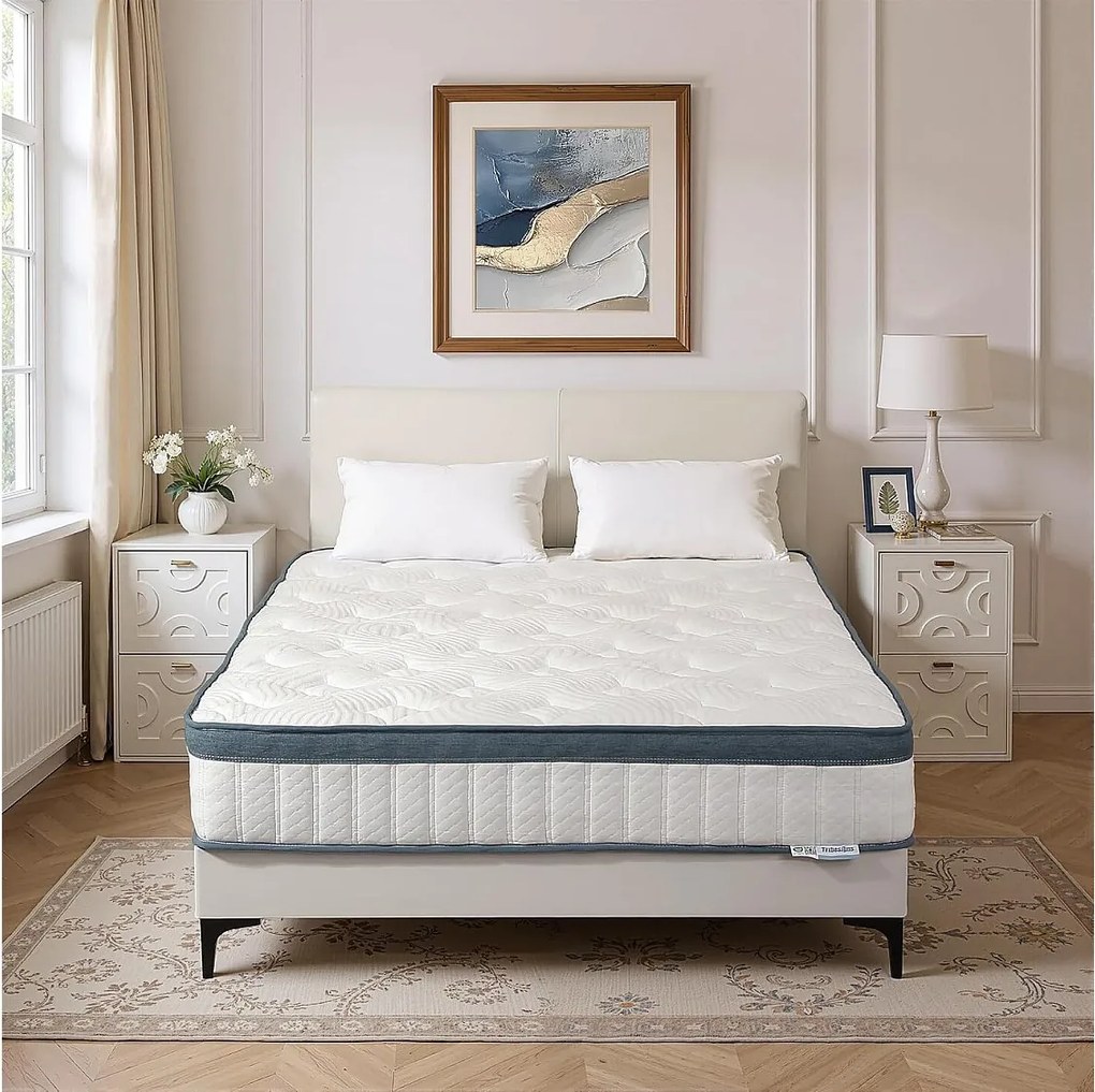 Materac 140 x 200 cm, wysokość 25 cm, materac ortopedyczny sprężynowy kieszeniowy, średnia twardość H3, materac sprężynowy z pianką z pamięcią kształtu