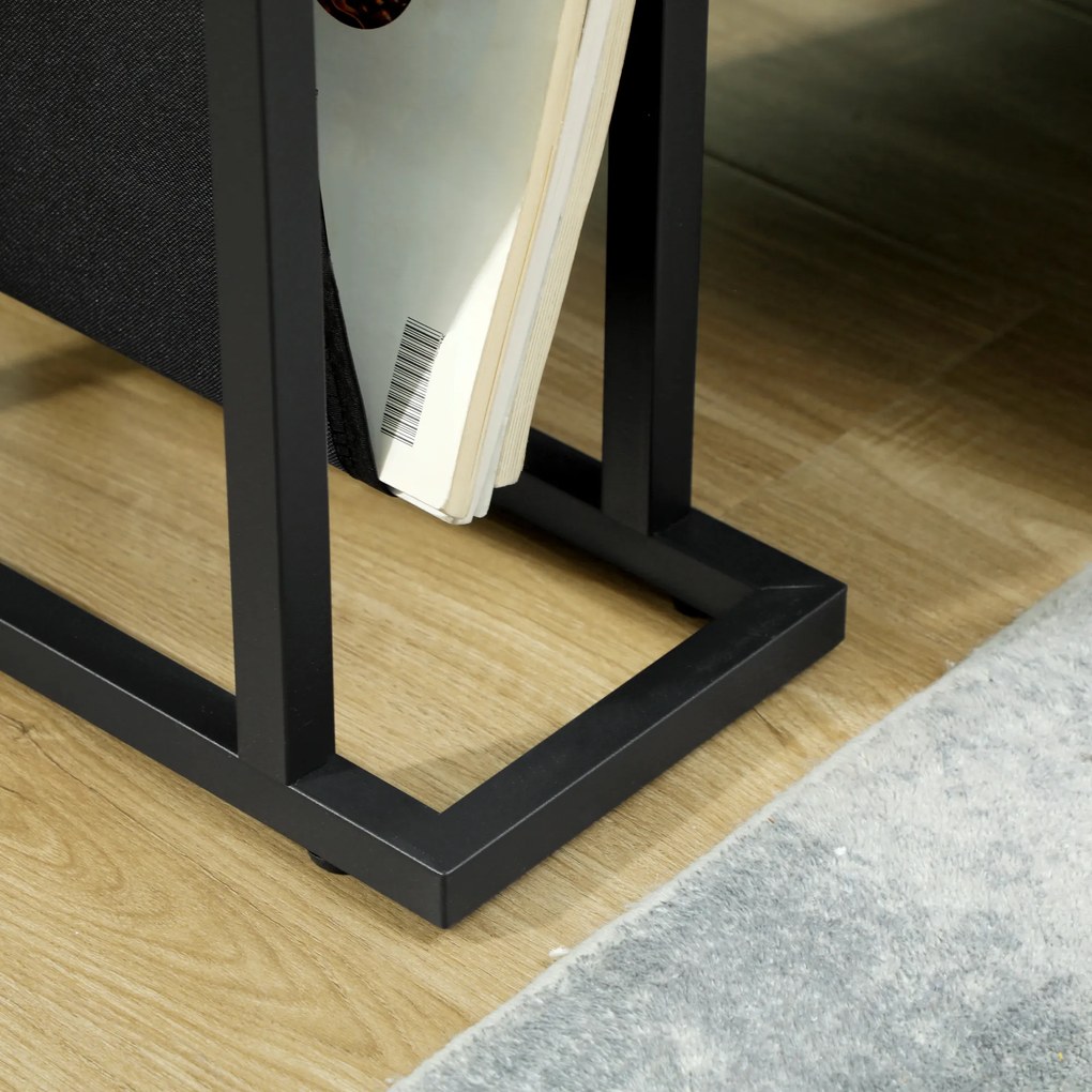 HOMCOM Metalowy stolik pomocniczy z torbą z tkaniny i blatem ze szkła, wąski stolik do salonu, sypialni, Czarny