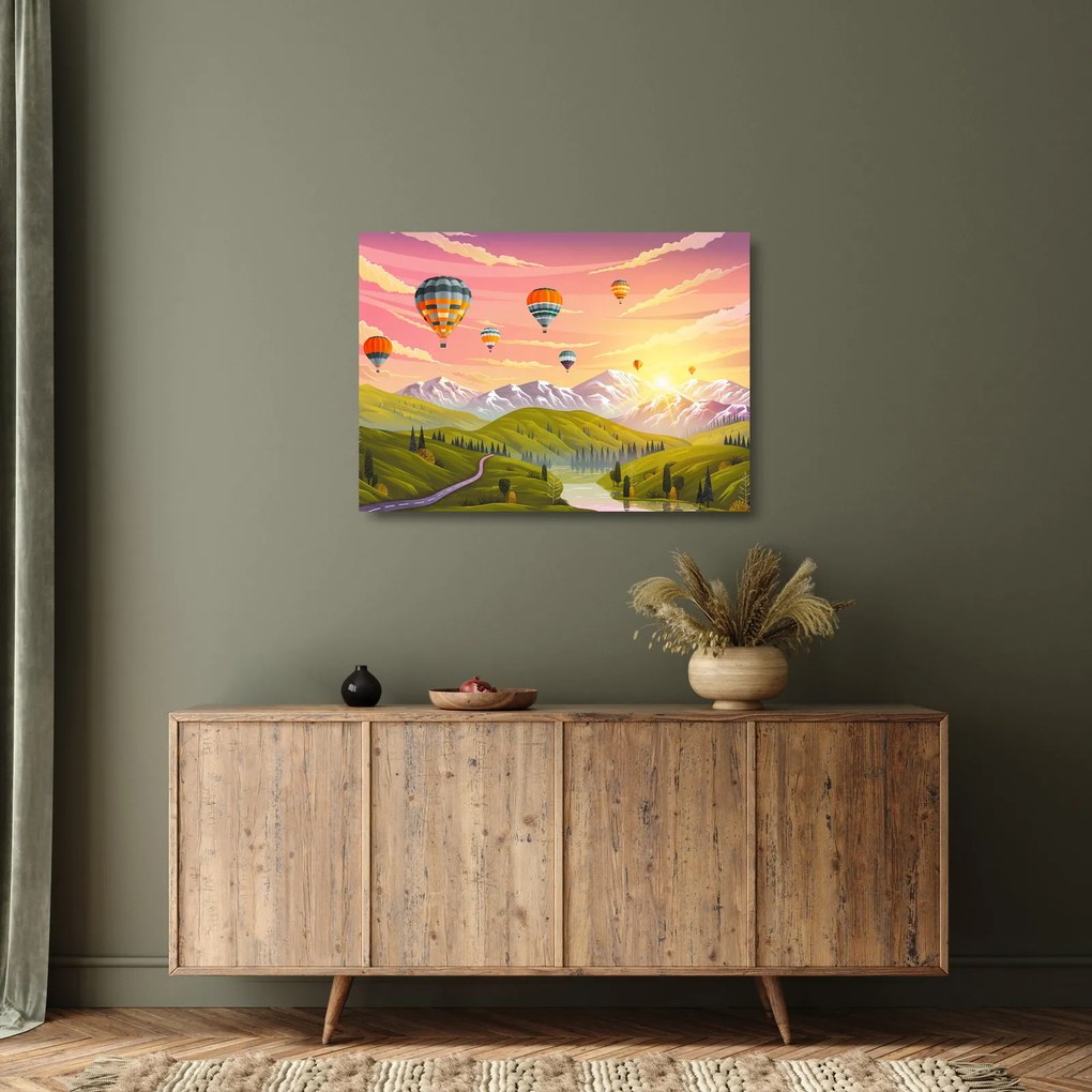Obraz na szkle balonów nad krajobrazem (70x50 cm)