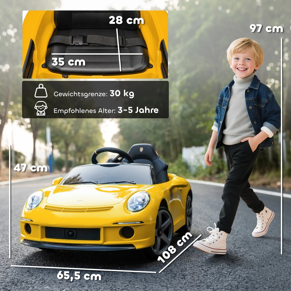 AIYAPLAY Elektryczne auto na akumulator dla dzieci z pilotem, MP3/USB, klakson, pas bezpieczeństwa — 3–5 lat, żółte