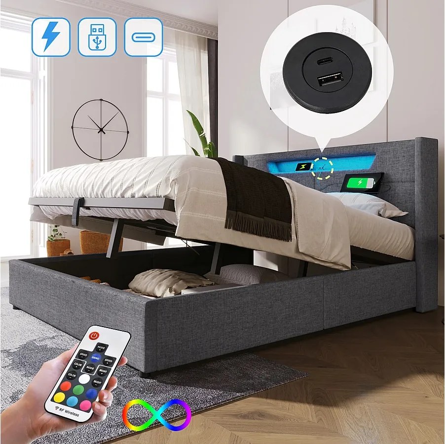 Łóżko ze schowkiem 140x200 cm - szary len - łóżko młodzieżowe z funkcją ładowania przez USB i oświetleniem LED - bez materaca