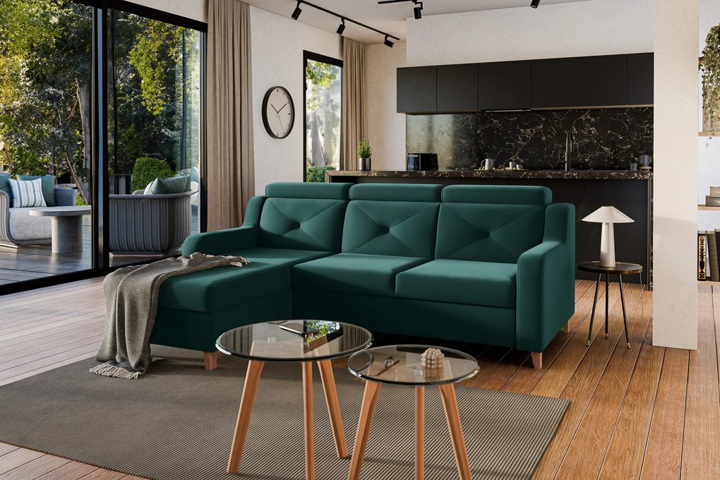 Narożnik Laksaro z funkcją spania lewostronny - zielony welur Trinity 28