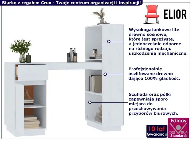 Białe biurko sosnowe z regałem i szufladą N4-F77